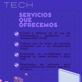 Ofrecemos los servicios de evaluación web, reparación de equipo de cómputo y talleres en el uso del lector de pantalla